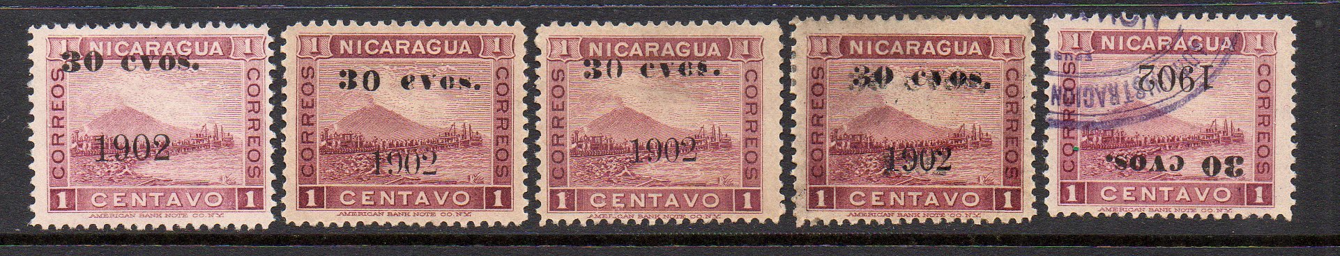 timbres-poste sellos postales stamps Nicaragua Momotombo Volcano & Train 1902 surcharges